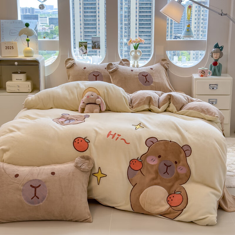 元族2025新款高克重牛奶绒大版贴布绒四件套 卡皮巴拉 床单款 1.2m三件套