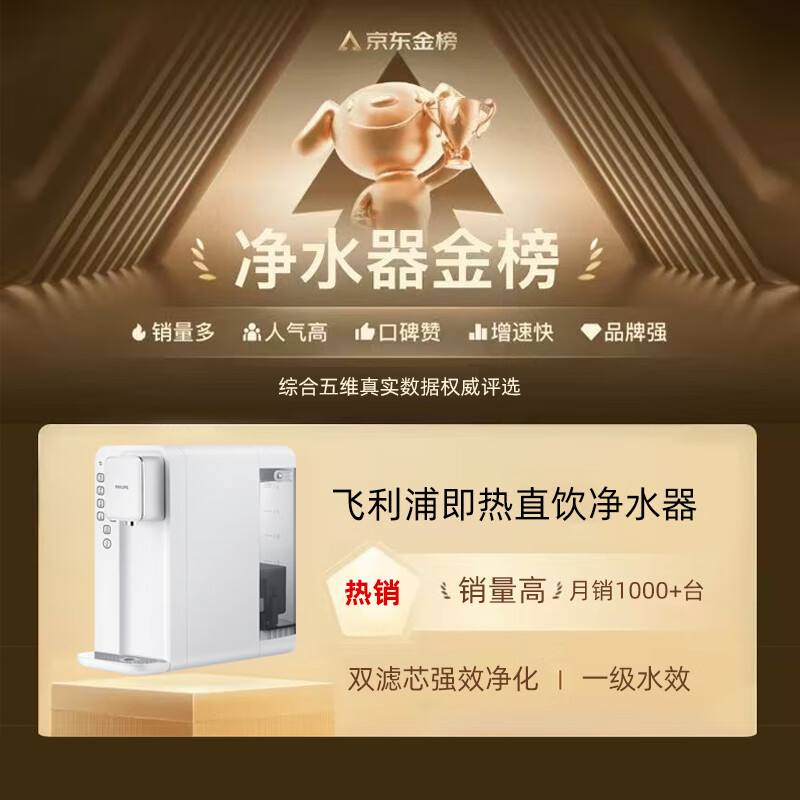 飞利浦（PHILIPS）家用净水器 加热直饮一体机 台式免安装即热直饮水机 反渗透净水器双芯 5升大水箱ADD6836/93 【升级一级水效】