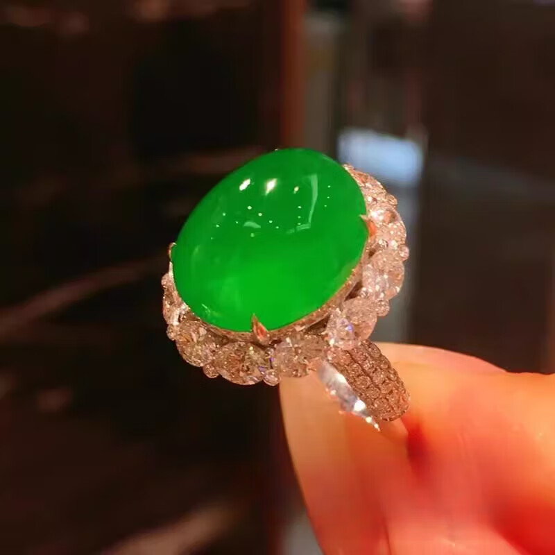 GOR18k金戒指翡翠冰种正阳绿翡翠戒指金镶玉活口小扳指缅 活口