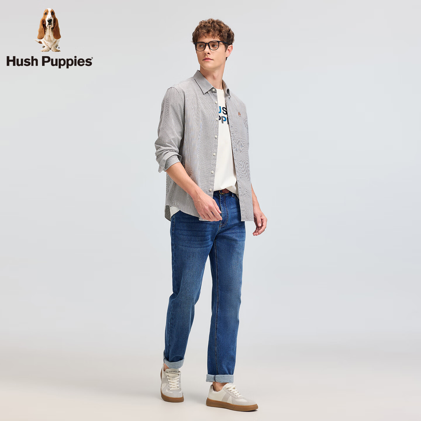 暇步士(Hush Puppies)【经典全棉】男装2025秋季简约基础款全棉细条纹长袖衬衫 墨蓝色 L