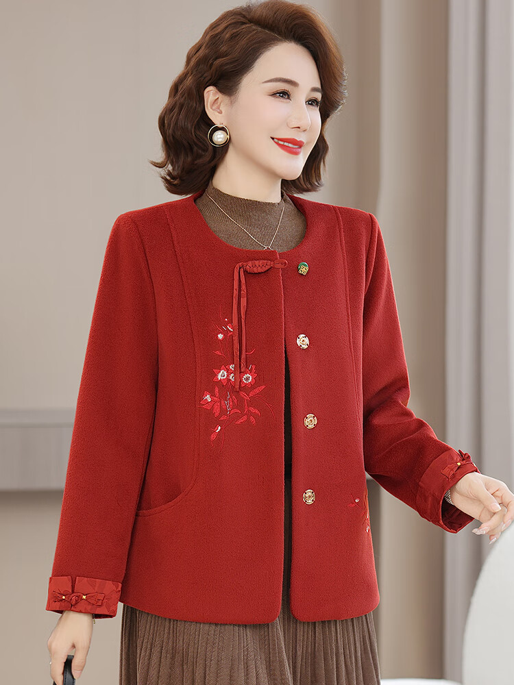 兰铂丽斯年轻妈妈装毛呢外套女秋冬季洋气中年女士气质小香风短款呢子大衣 米色 4XL 【135-145斤】