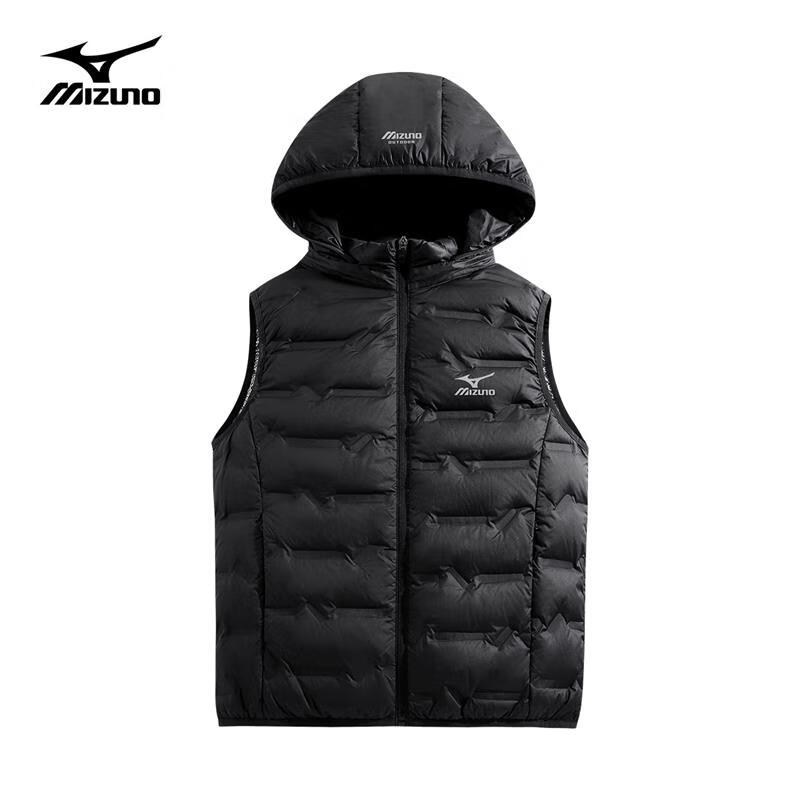 美津浓（MIZUNO）户外羽绒马甲男秋冬连帽肩半袖轻薄百搭马夹防风保暖外套 黑色2XL