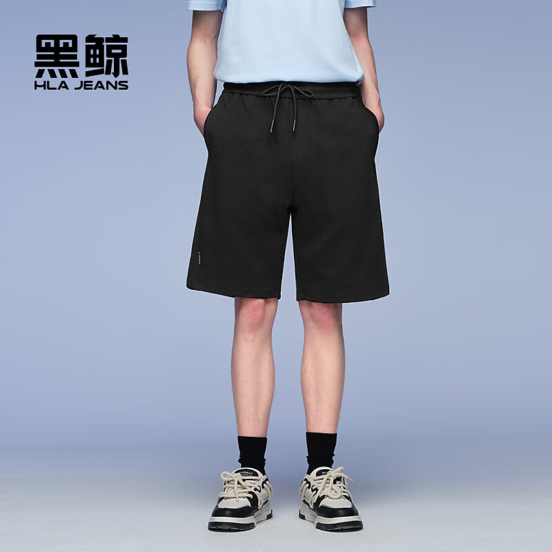 黑鲸腰间抽绳休闲中裤男2025年夏季新品宽松直筒短裤男字母装饰 黑色02 M