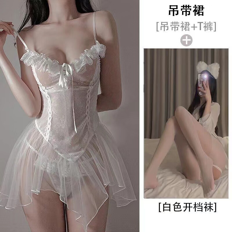 曼烟情趣内衣用品性感睡衣透明蕾丝连衣裙夫妻刺激丁字裤sm羞耻裙 白色+白开裆丝袜