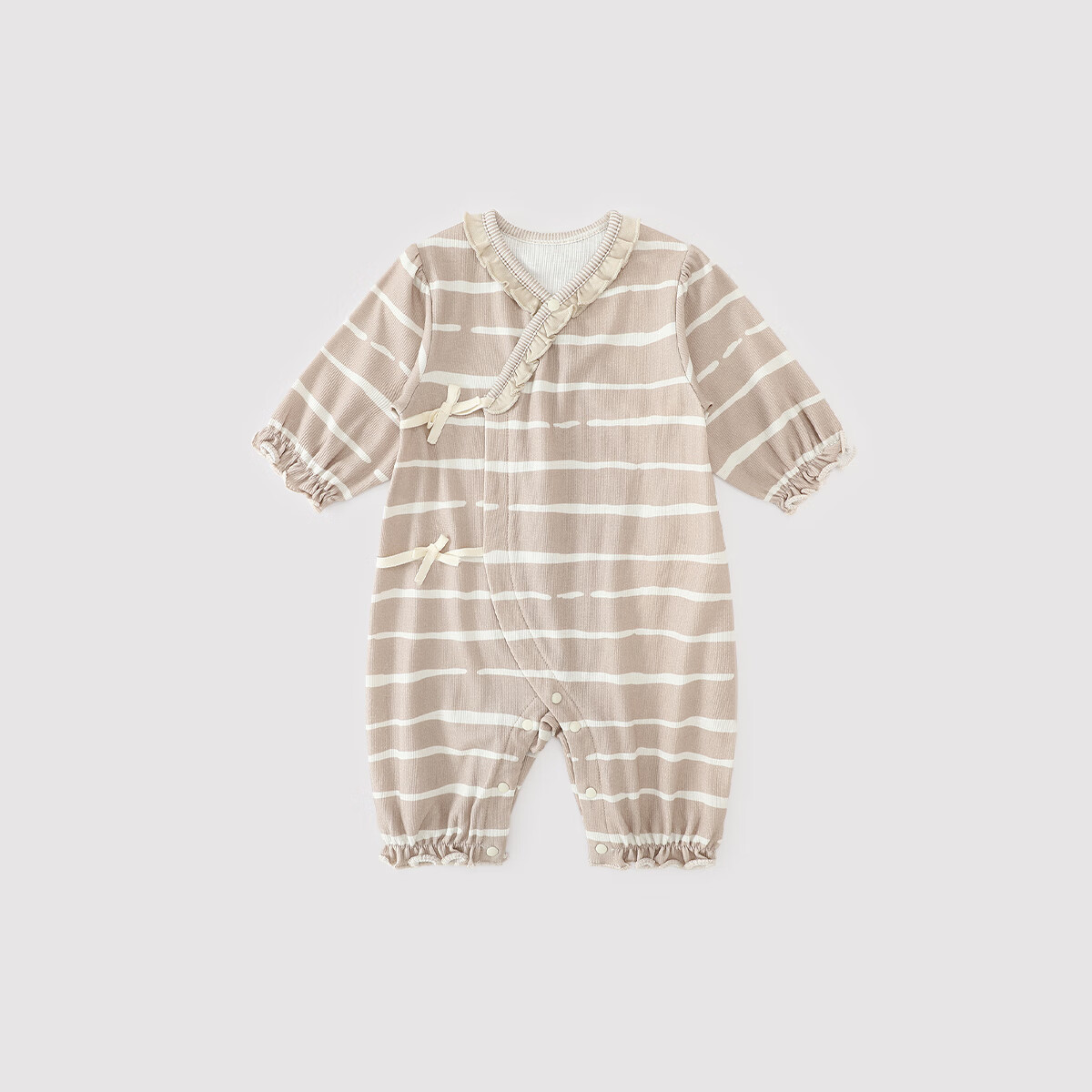 巴厘小猪女宝宝衣服公主风哈衣婴儿睡衣春秋初生儿绑带和尚服 亚麻棕间白条纹 52cm