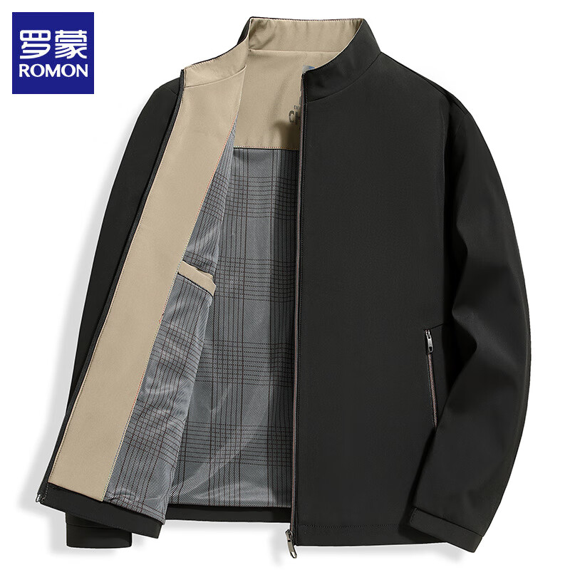 罗蒙（ROMON）男士立领夹克外套2025秋冬季新款商务休闲加棉加绒中年爸爸装上衣 黑色 XL (建议体重135-150斤）