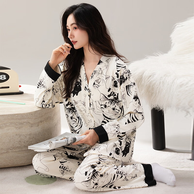 雅鹿睡衣女士带胸垫家居服套装长袖长裤春秋季薄款和服领开衫可外穿 H2284虎猫(带胸垫) L 【建议90-110斤】