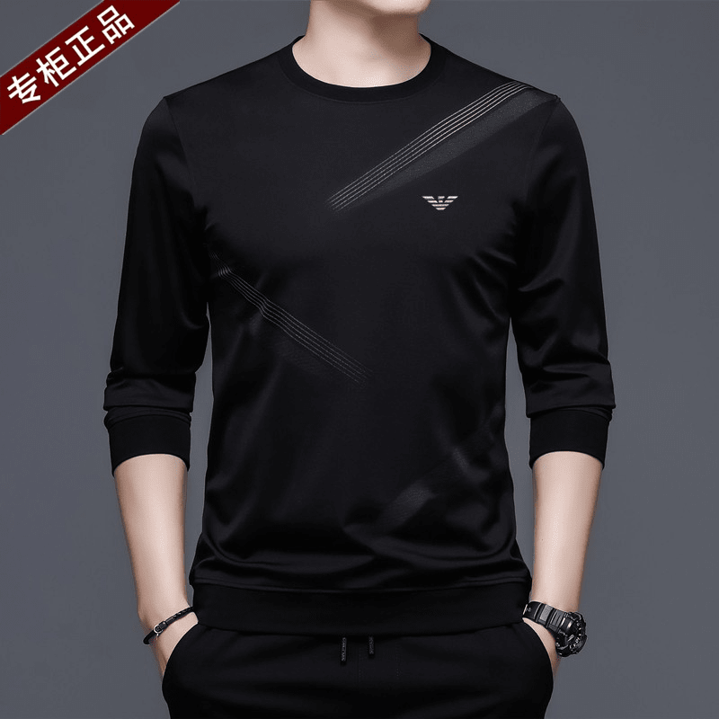 AX 阿玛尼 高端品牌秋季男士长袖T恤圆领卫衣丝光棉休闲上衣打底男 黑色8008 款 常规 M 165