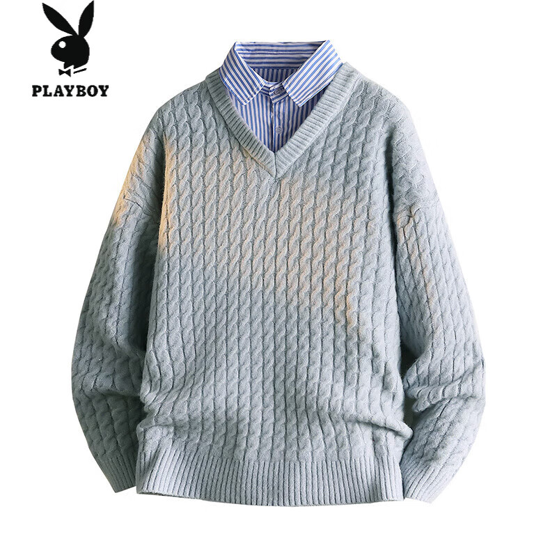 花花公子（PLAYBOY）假两件针织衫男秋冬新款加绒加厚衬衫领长袖打底衫青年百搭毛线衣 浅蓝色 L
