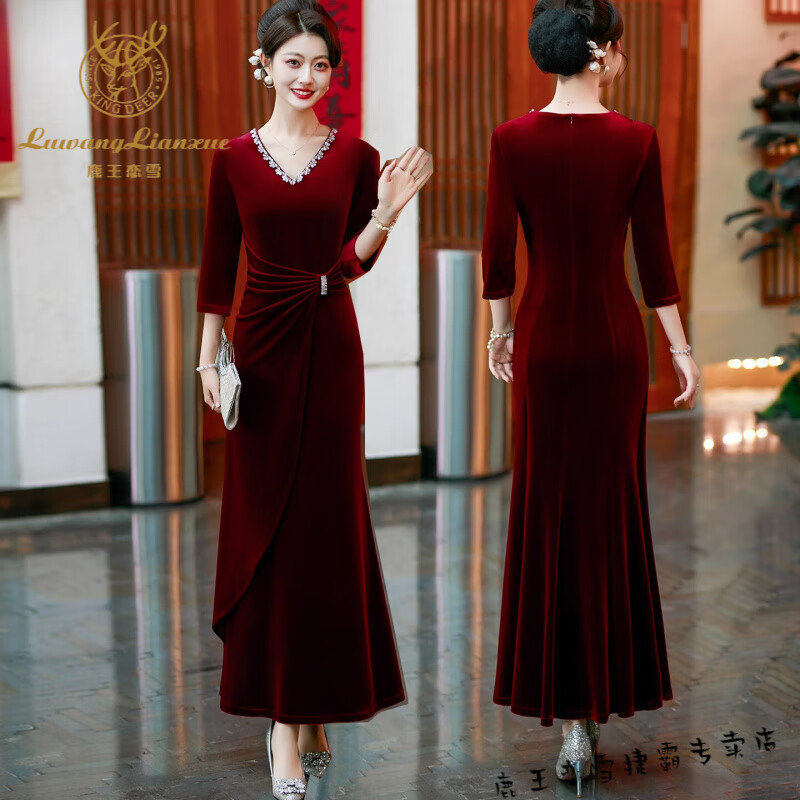 鹿王戀雪結(jié)婚媽媽婚宴金絲絨禮服高個(gè)子年輕十一喜婆婆婚宴裝高端旗袍裙子 酒紅色 高品質(zhì)婚宴裙 2XL 100-110斤