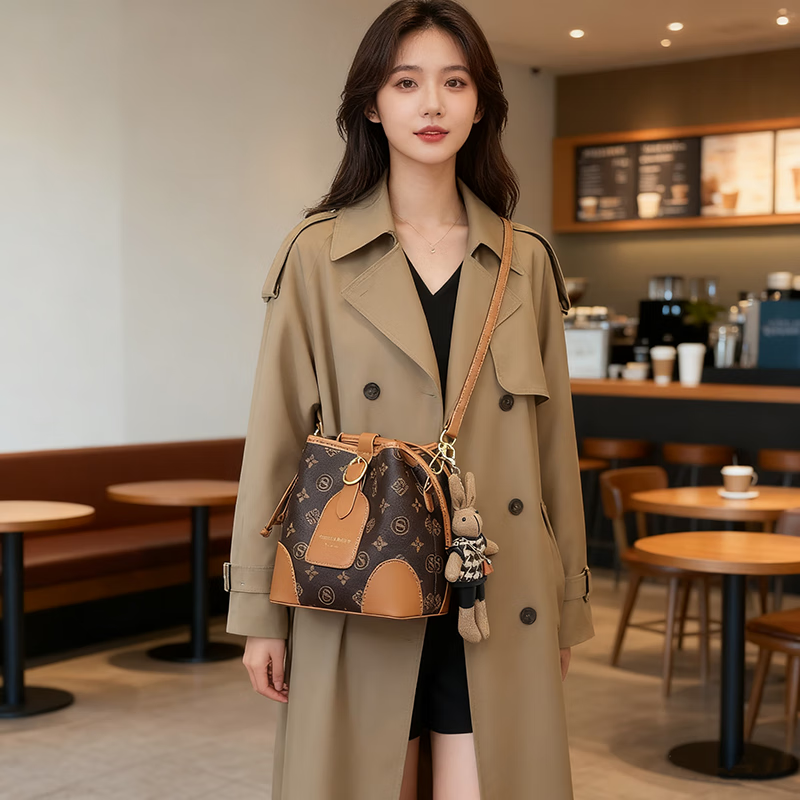 纪诗哲包包女包单肩包女士斜挎包水桶包七夕女神节送女友老婆节日礼物 咖色【2025夏季上市】 精美礼盒