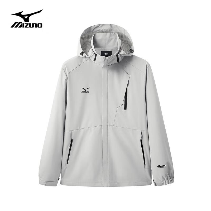 美津浓（MIZUNO）户外休闲夹克男士防风防水情侣连帽梭织外套 雾莲白 XL