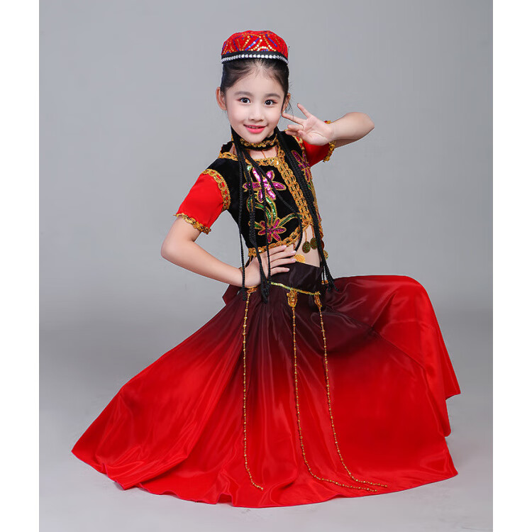 兰伶坊六一儿童新疆舞演出服少数民族服装男女幼儿维吾族舞蹈服小小古丽 红色_短袖送帽子 100 cm