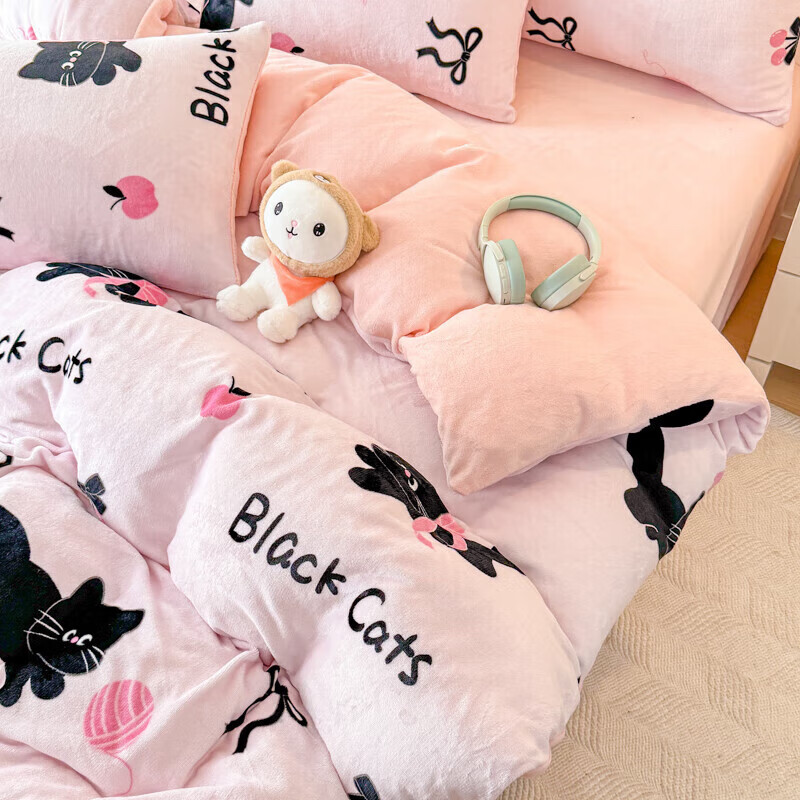 软贝小清新牛奶绒床上四件套保暖毛绒床单被套学生宿舍秋冬款三件套 炫酷黑猫 床单款 2.0m 被套200*230cm 四件套