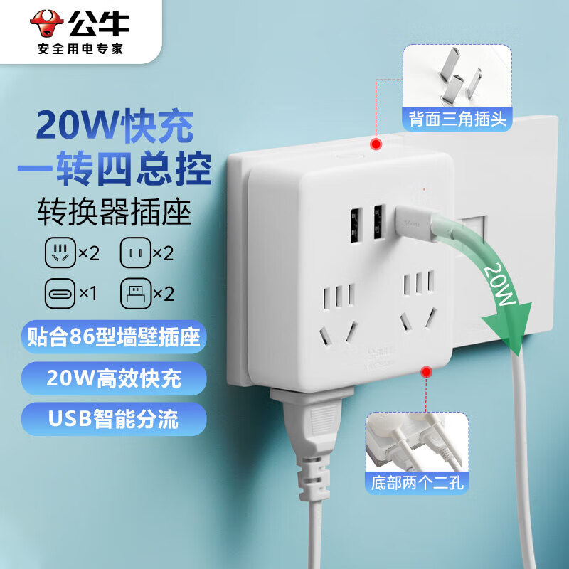 公牛(BULL)20W PD苹果快充86型转换插头/插座/转换插座/电源转换器一转四转换插头4位总控开关+USB GN-9322KQ