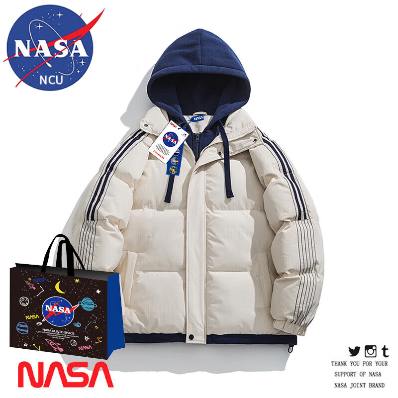NASA ABOUT潮牌联名假两件外套羽绒服男款春秋宽松休闲保暖冬装日系连帽外套 杏色 S