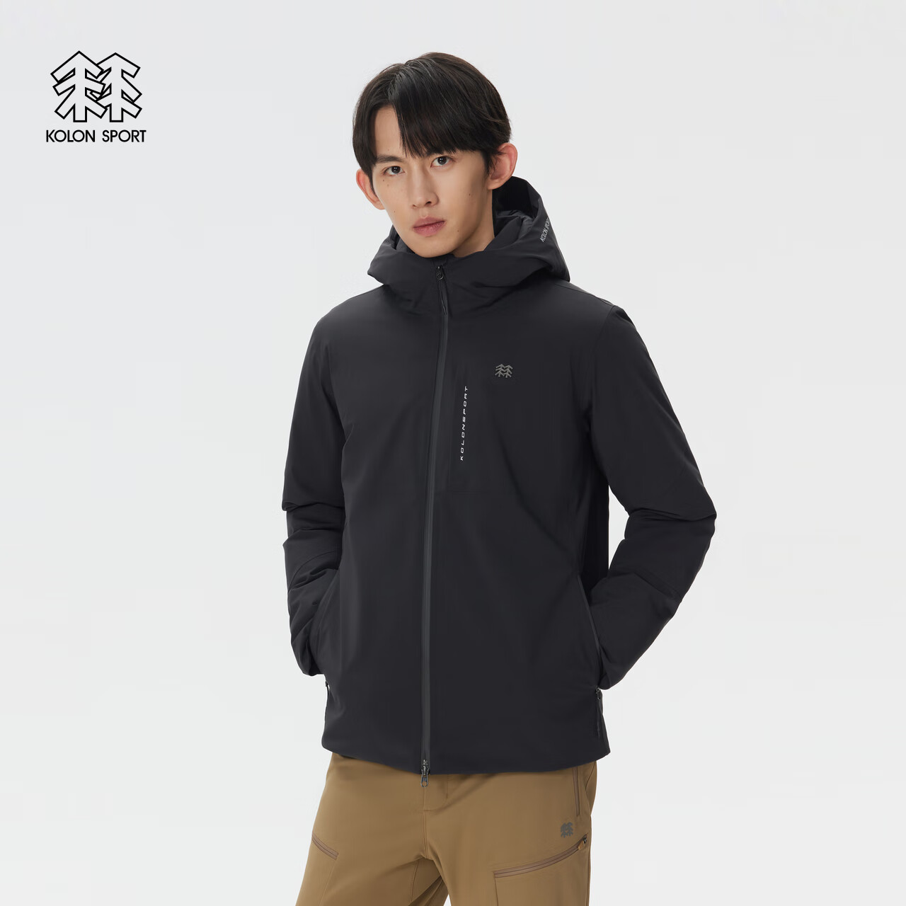 KOLON SPORT/可隆户外防水羽绒服 男士透湿防风耐磨连帽轻量鹅绒夹克 LHDJ5WNT41-BK 黑色 M 170/92A
