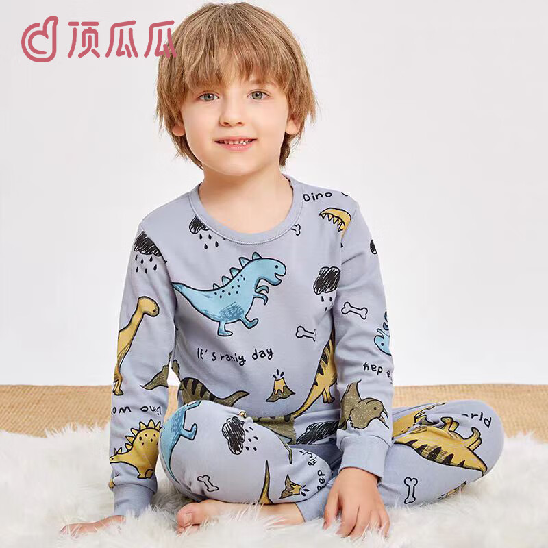 顶瓜瓜儿童秋衣秋裤套装纯棉男童棉毛衫保暖内衣女童全棉宝宝打底衣睡衣 灰卡通恐龙 100 建议身高90-100cm