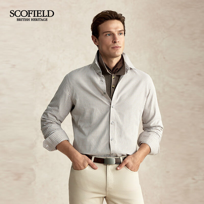 Scofield男装秋季新款商务休闲潮流时尚小格子亲肤长袖衬衫 米色 XL （180）