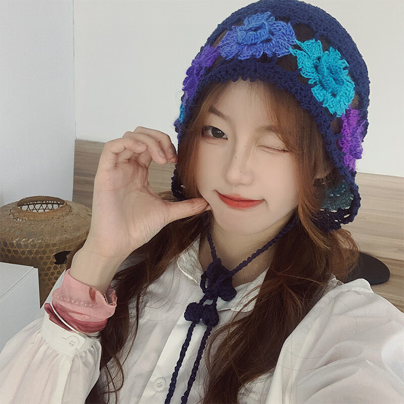 枫顾蓝藏族帽子蔡小胖民族风复古手工钩花缕空针织帽女新疆西藏川西旅游 藏青色 可调节