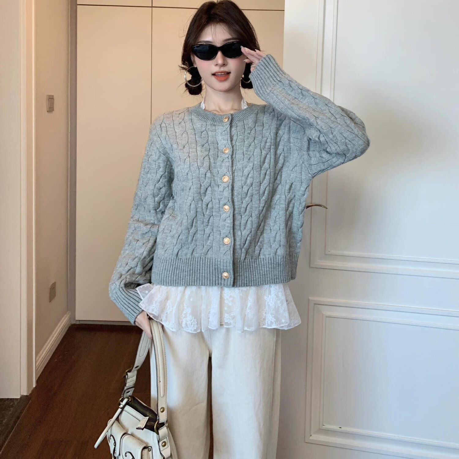 【49.9包邮】俞兆林 秋冬季宽松女士毛衣外套 灰色均码