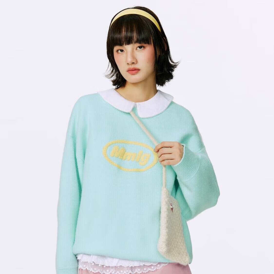 Mmlg廓形圆领毛衣女男2025秋冬新款oversize经典撞色logo情侣款针织衫 浅蓝色 M