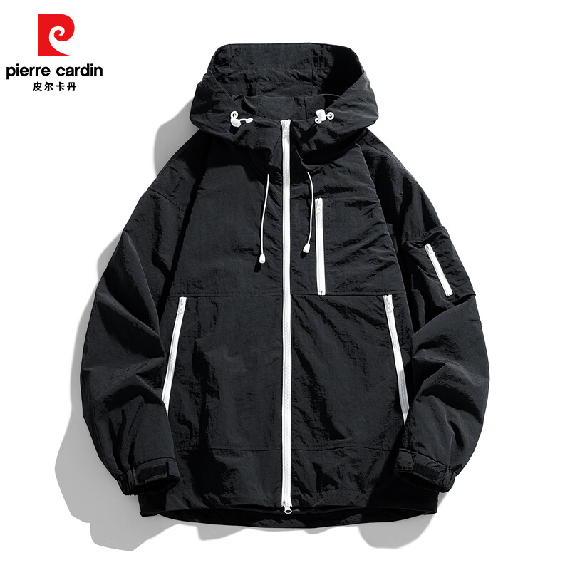 皮尔卡丹春秋款连帽宽松情侣冲锋衣潮流防风防水户外冲锋衣夹克外套 黑色 XL 建议【体重155-170斤】