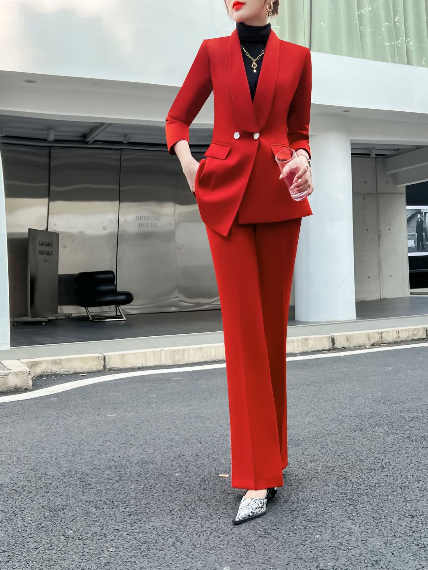 通勤职业装红色西装套装女秋冬款高端女神范工作服年会主持人正装 a68067红色套装 3XL