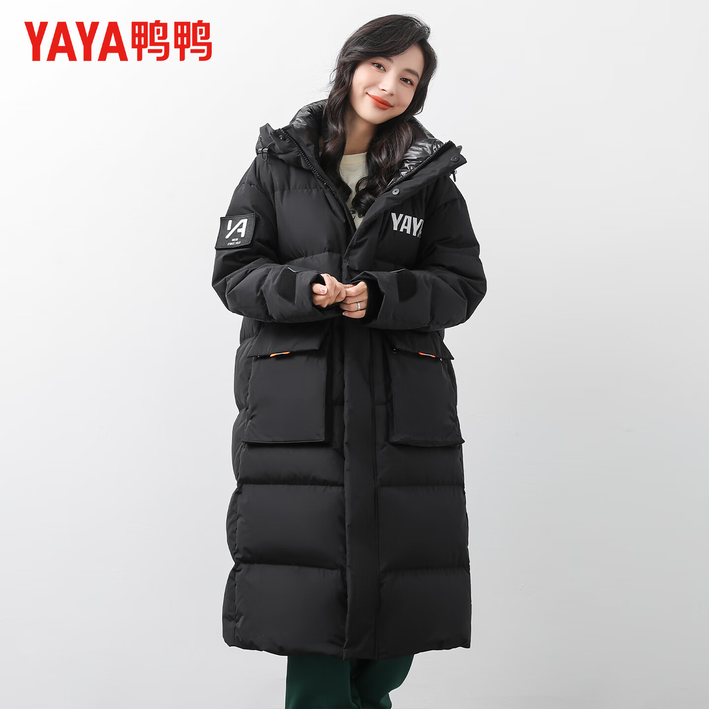 鸭鸭(YAYA)佟丽娅明星同款羽绒服女2025冬季新款过膝长款连帽保暖情侣款外套 黑色 XL (170)