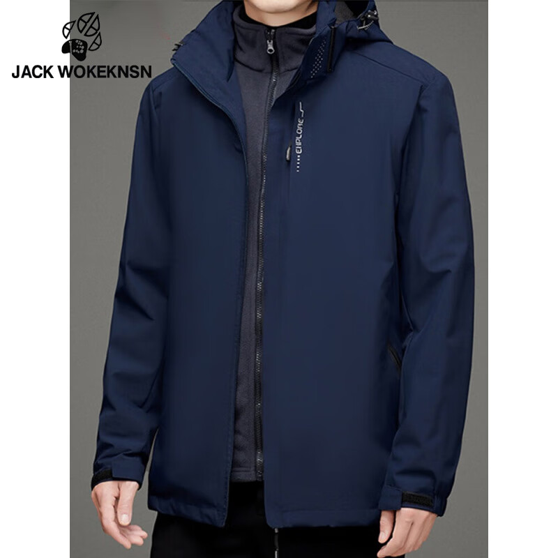 JACK WOKEKNSN狼爪云冲锋衣男三合一内胆可拆卸秋冬加厚户外防风防水登山服外套 黑色 XL/【推荐125-140斤】