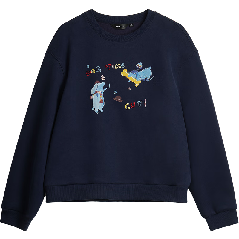 Olrain欧芮儿2025新款女装冬季藏蓝色微宽松费尔岛印花圆领套头卫衣 蓝色 L