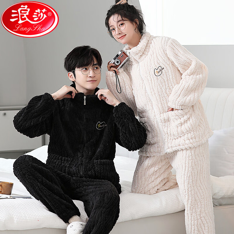 浪莎(LangSha)夫妻情侣长袖珊瑚绒家居服冬季男女可外穿本命年红色睡衣套装 单女 L 建议女100-120斤,男105-135斤
