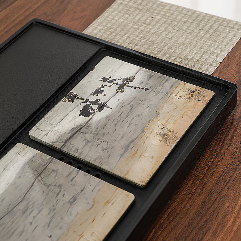 希格鲨茶盘乌金石国画石整块天然原石高端轻奢茶海家用客厅功夫茶具茶台 【玄青国画】尺寸：50*30*3cm