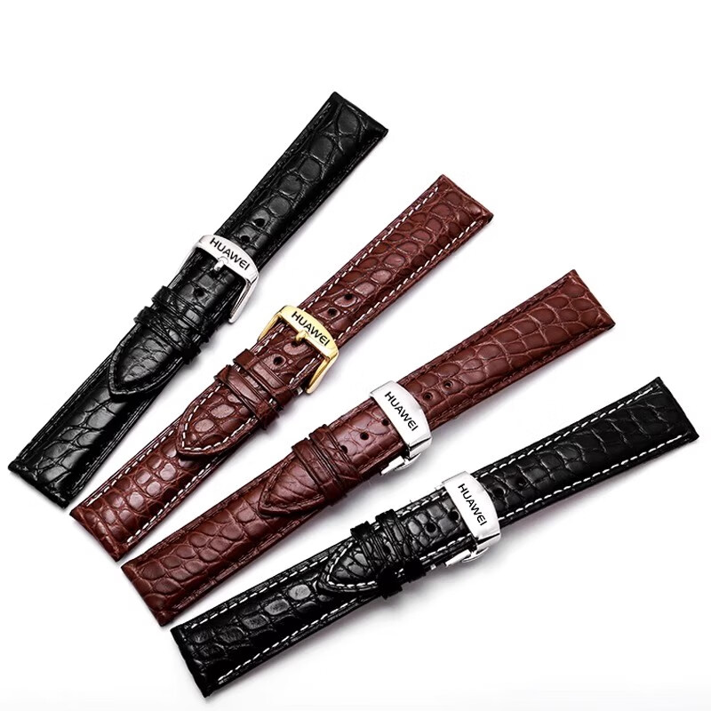 华为GT6/gt5真皮鳄鱼皮表带GT4/gt3/2蝴蝶扣Watch4男款手表带 鳄鱼皮-棕色白线+黑色蝴蝶扣 自量尺寸【22mm】 【20mm】