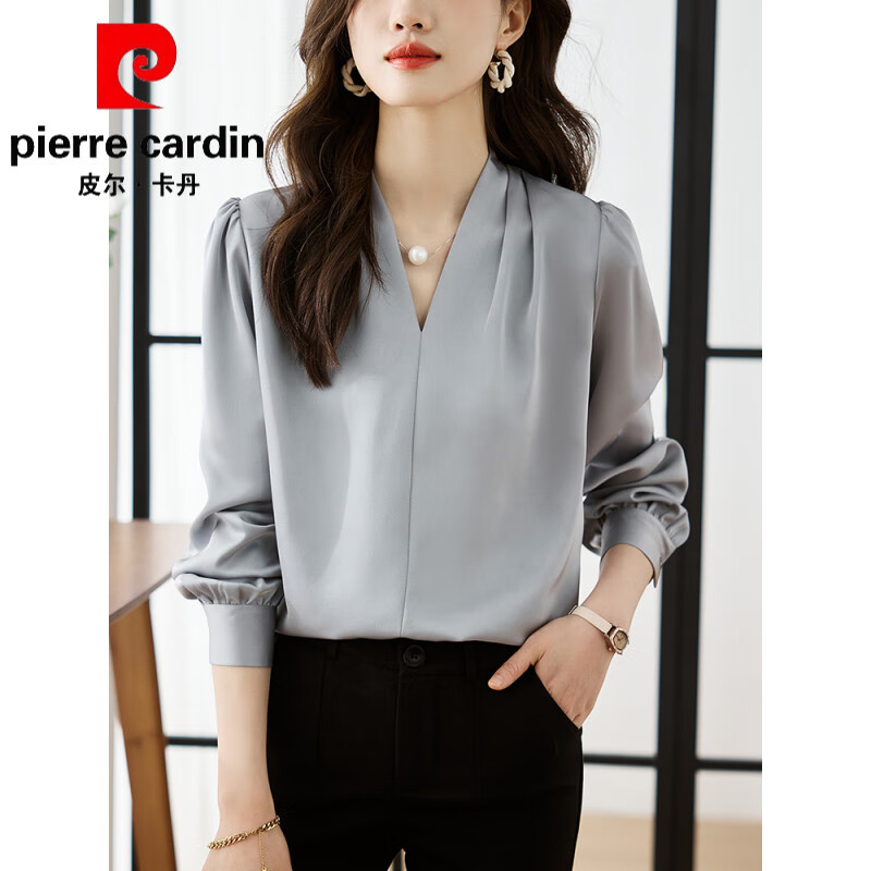 皮尔卡丹(pierre cardin)高端品牌法式真丝白衬衫女长袖秋季新款高端职业气质v领醋酸缎面 皮尔卡丹 灰色 S