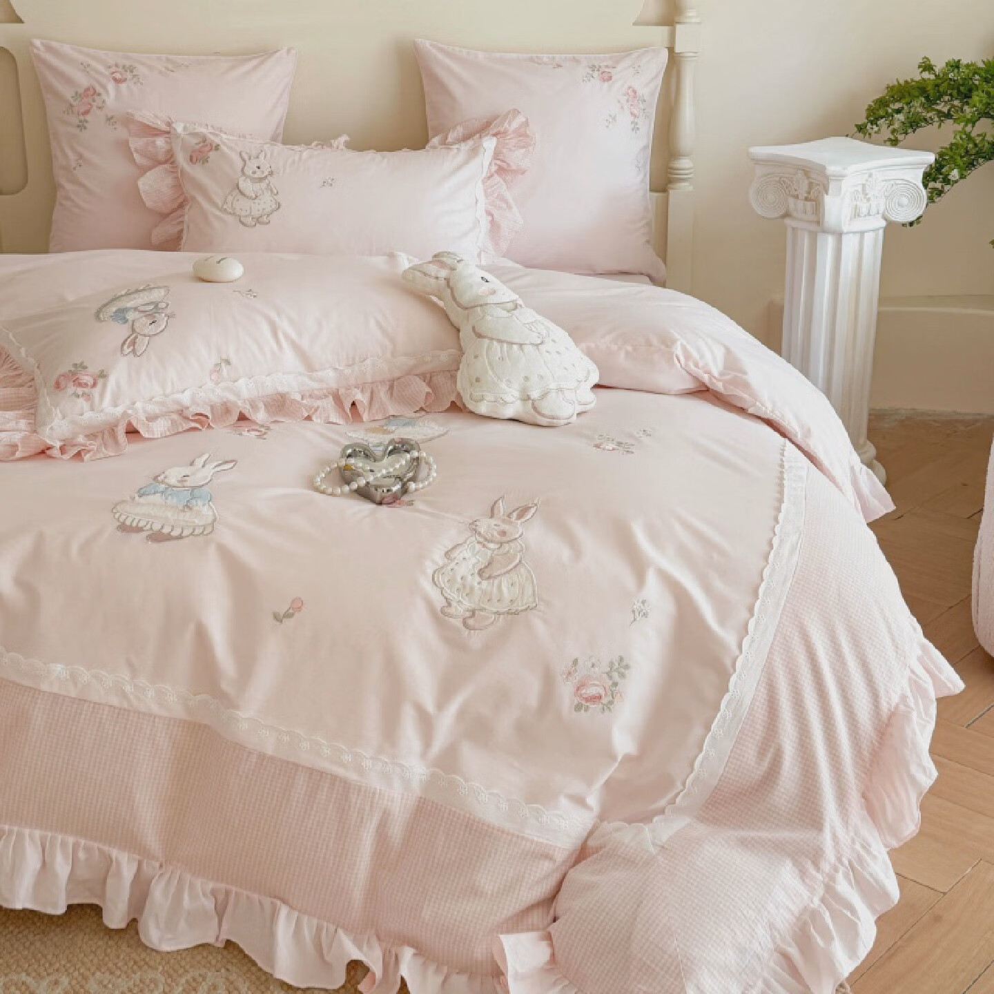 其他家可爱小兔卡通少女儿童全棉纯棉水洗棉床上用品女孩四件 床单式自然平铺 床单款 （被套150*200cm） 套-1