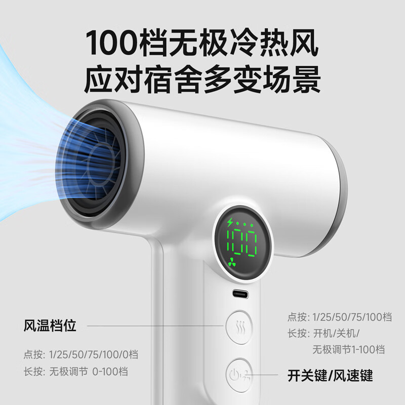 GBTW无线吹风机学生宿舍专用充电式不插电速干10万高速冷热风小功率美术联考电吹风 【3万转标配】白色/15600续航+100档强风