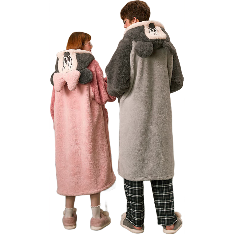 果殼（Gukoo）情侶睡衣冬款毛絨女家居服保暖連帽卡通睡袍男 米奇淺灰睡袍 M