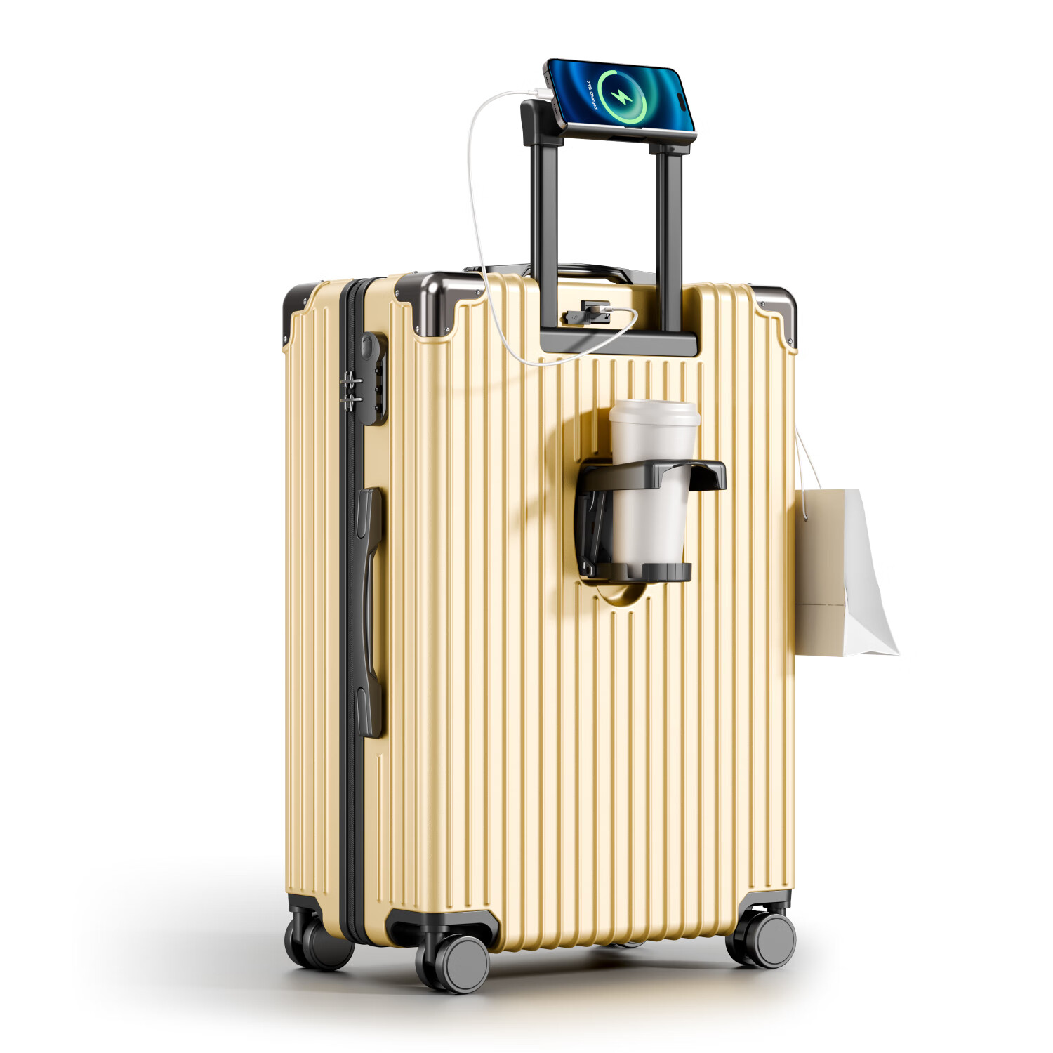 回力行李箱结实加厚旅行密码箱男女生拉杆箱铝框登机箱 奶油黄【多功能拉链款】 20英寸