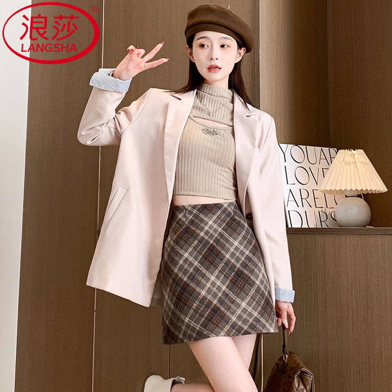 浪莎格子半身裙女2025秋冬新款毛呢包臀裙性感a字短裙修身显瘦打底裙 深咖小格 【亲肤毛呢 自带内衬】 M 【体重96-110斤腰围68CM臀围92CM】