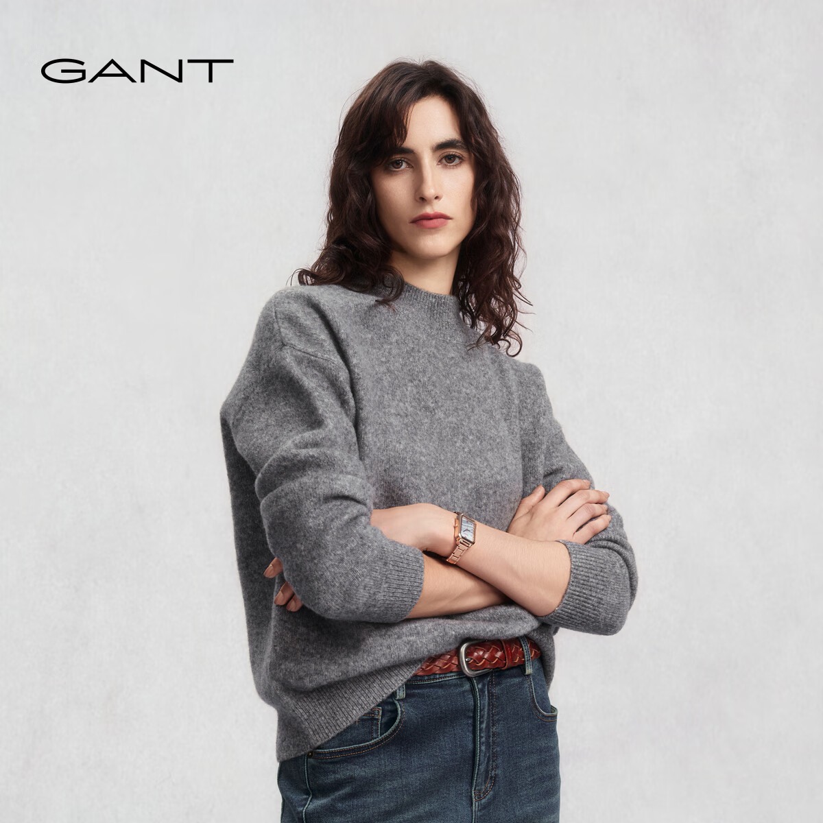 GANT/甘特2025秋冬新款女士套头毛衣半高领软糯慵懒风长袖针织衫 162-灰色 L