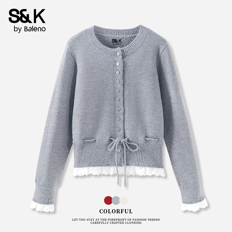 班尼路（Baleno）S&amp;K系列毛衣女装针织开衫外套女秋冬新款潮流荷叶边设计圆领上衣 麻灰#纯色 L