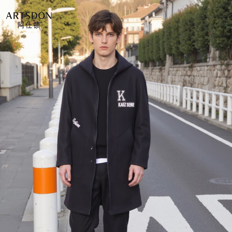 阿仕顿（ARTSDON）2025秋冬新款男士简约百搭羊毛加棉连帽大衣外套 黑色 M 165 推荐95-110斤