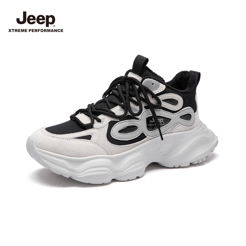 JEEP吉普户外老爹鞋子男款休闲轻便时尚运动鞋男透气徒步鞋耐磨登山鞋 白黑(棉) 44