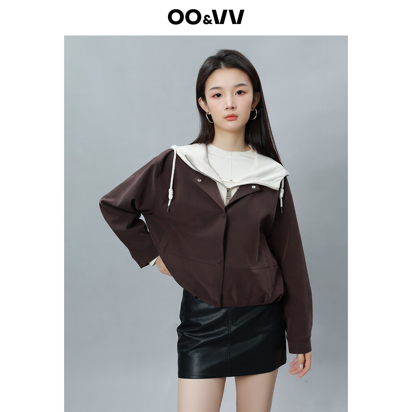 OO&VV2025年秋装新款撞色拼接连帽外套女设计时尚百搭显瘦上衣假期出游 摩卡棕 M