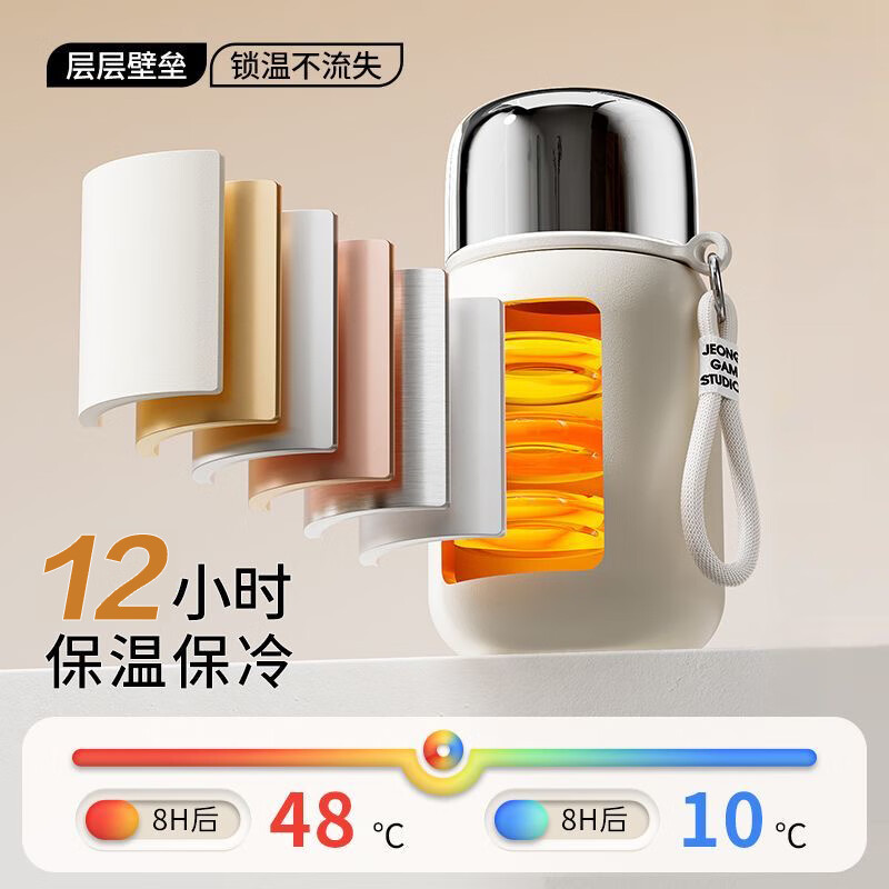 PLPC保温杯女士高颜值2025新款316不锈钢初高中儿童学生带盖喝水杯子 白色 350ml 【茶隔+提手+杯盖】