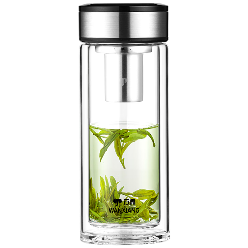 萬象（WANXIANG）雙層玻璃杯大容量高顏值簡約商務(wù)泡茶杯帶蓋高硼硅玻璃杯車載便攜 V49RL-鈦黑亮480ml
