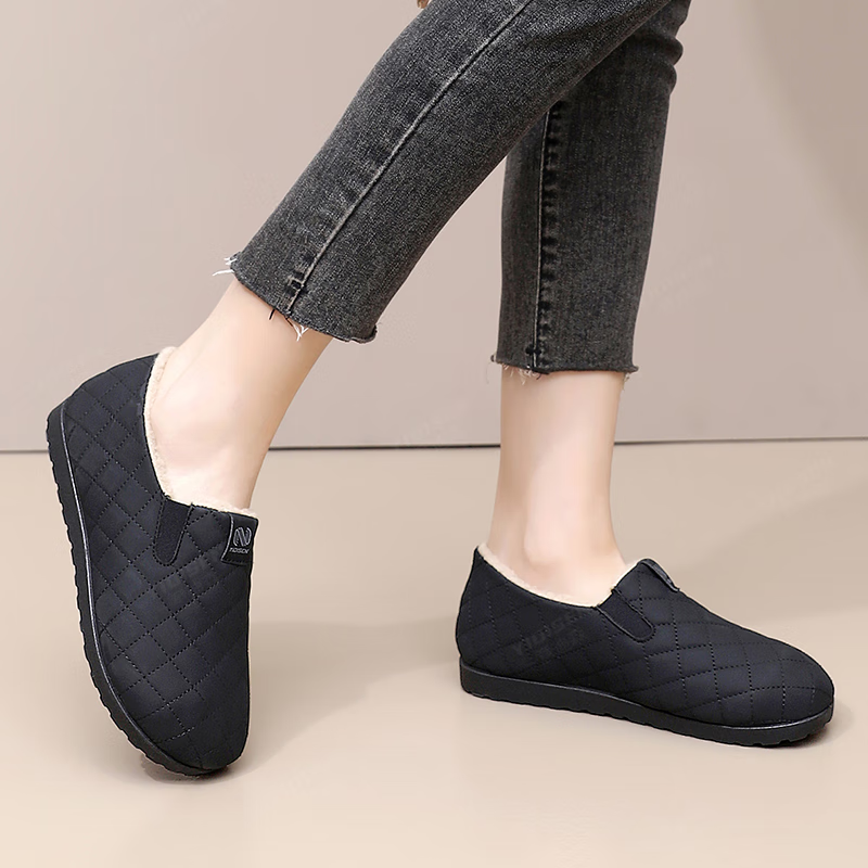 意迪森冬季女新款加绒保暖一脚蹬软底防滑二棉豆豆鞋防水中老年妈妈棉鞋 咖啡色 加绒 37 (235mm)