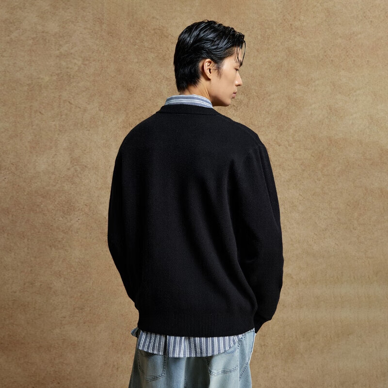 杰克·琼斯(JACK&JONES)男装25年秋冬季毛衣男士雪尼尔亲肤法斗狗宽松休闲圆领针织打底衫 E43纯黑色 常规 M (175)