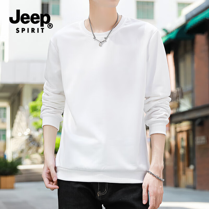 JEEP SPIRIT吉普卫衣男春秋季新款素版内搭打底衫长袖t恤男装秋装 白色 常规 XL (建议体重120-135斤)
